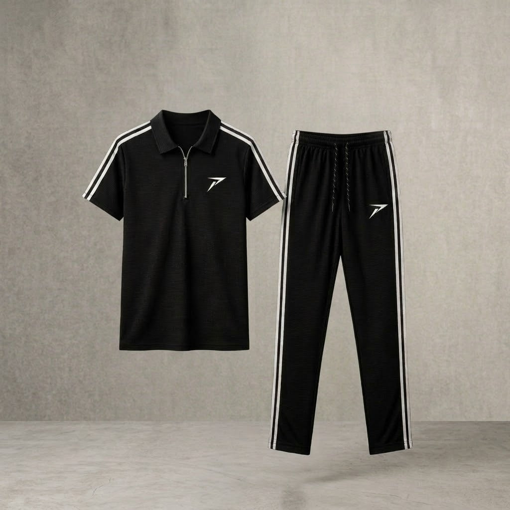 Black Striped Athletic Polo Track Suits