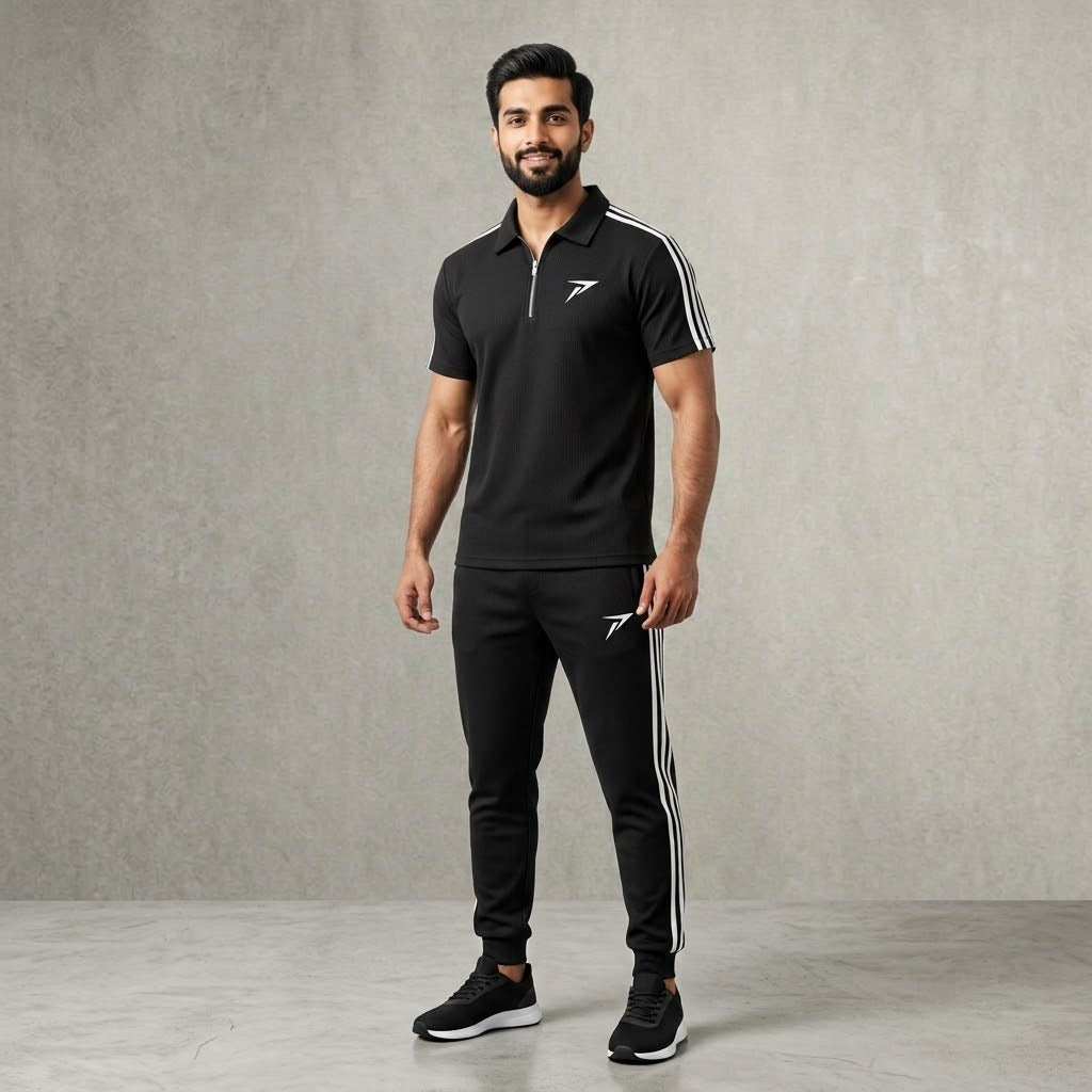 Black Striped Athletic Polo Track Suits