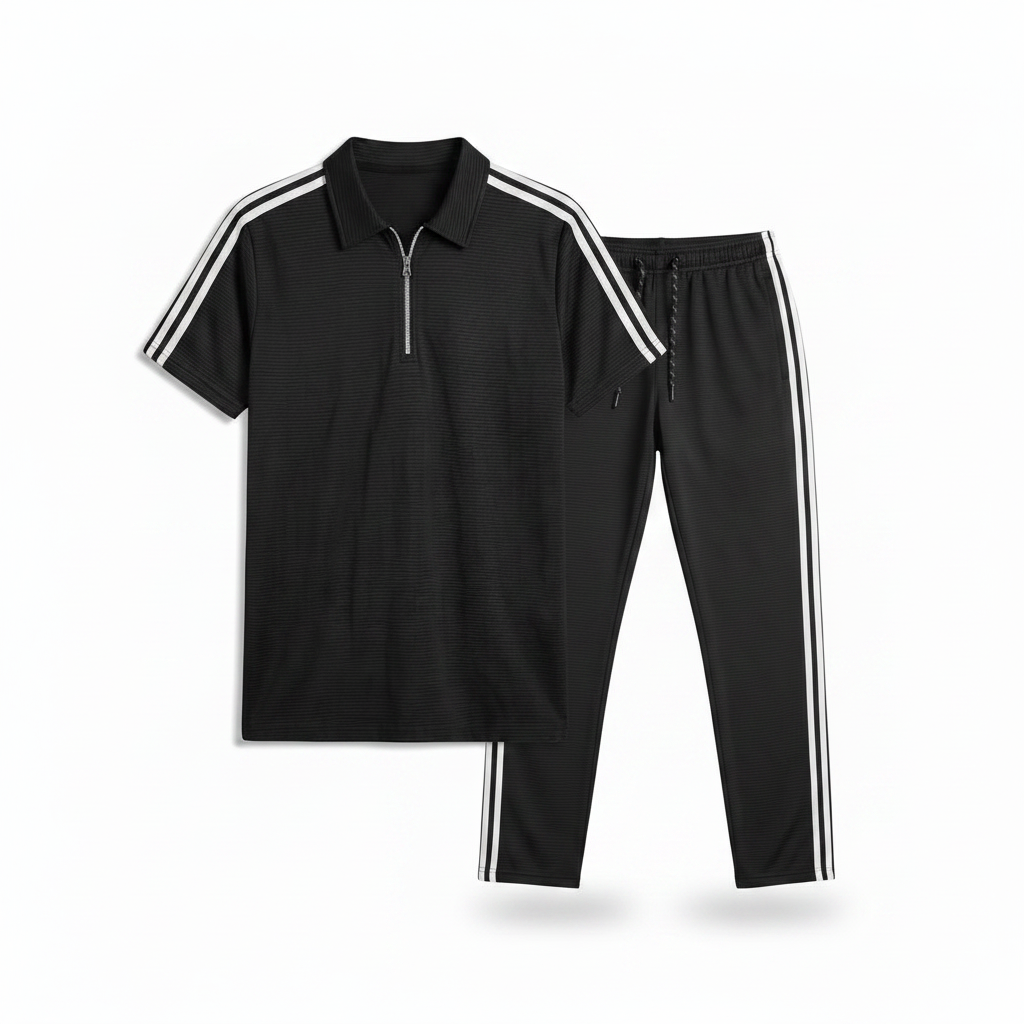 Black Zipper Polo Track Suit Set