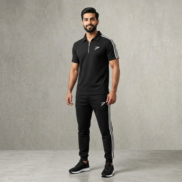 Black Striped Athletic Polo Track Suits