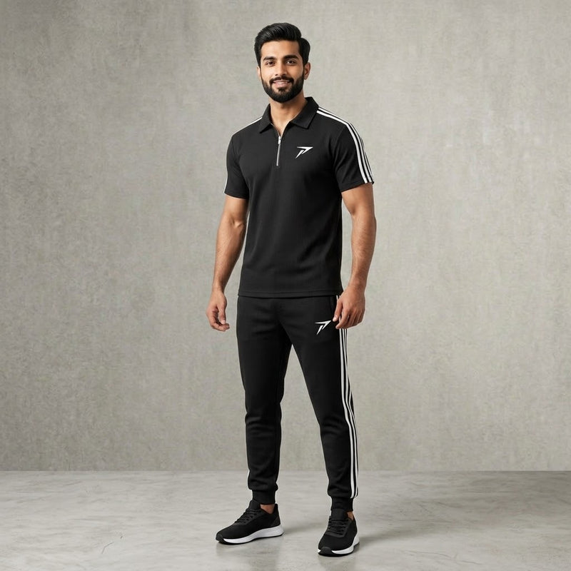 Black Striped Athletic Polo Track Suits
